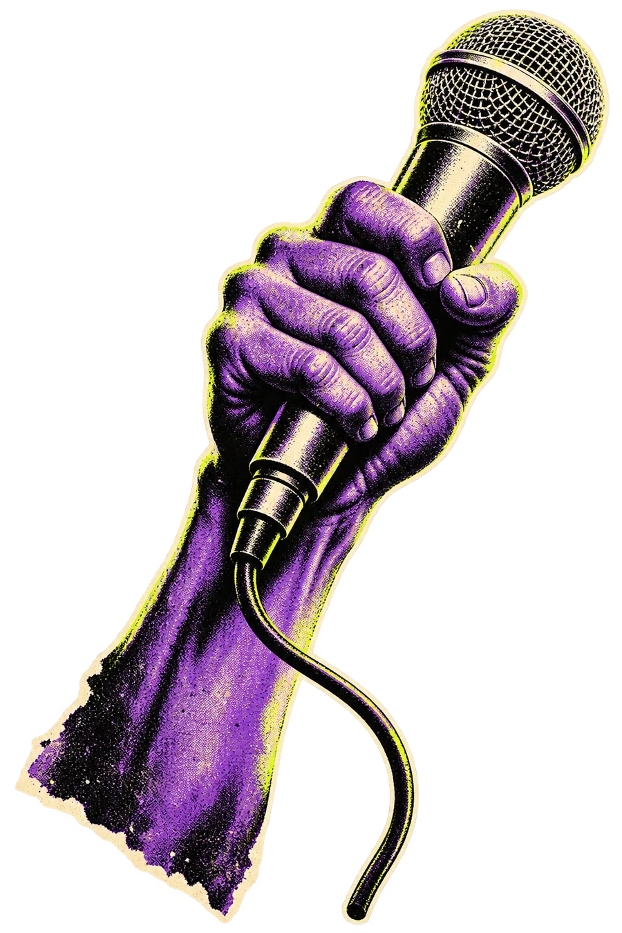 Illustrated purple hand gripping a microphone.