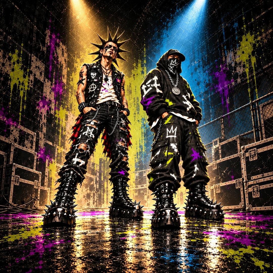 Tony in liberty spikes and Viking-inspired war paint beside Myke in masked hip-hop streetwear and spiked boots, both shown in full beneath backstage spotlights.