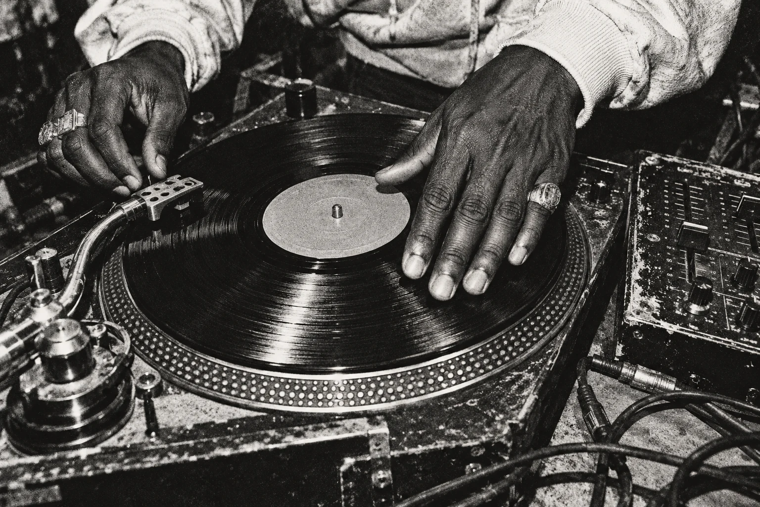 Hand resting on a vinyl record spinning on a turntable.