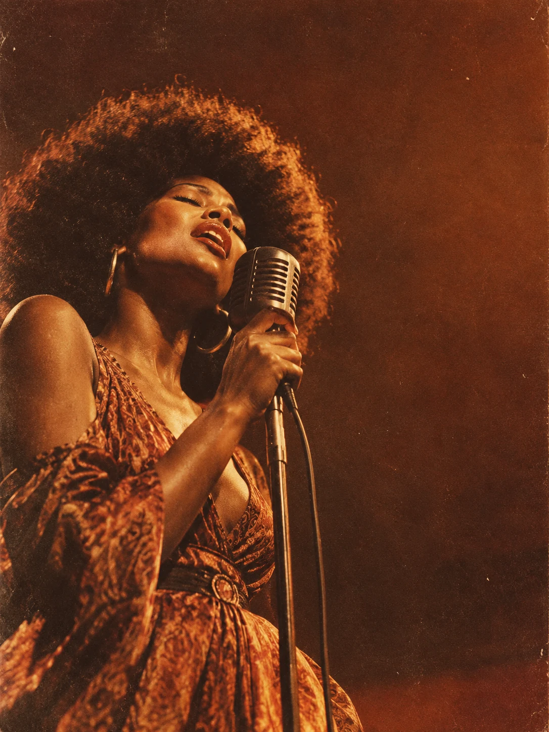Soul singer performing at a vintage microphone.